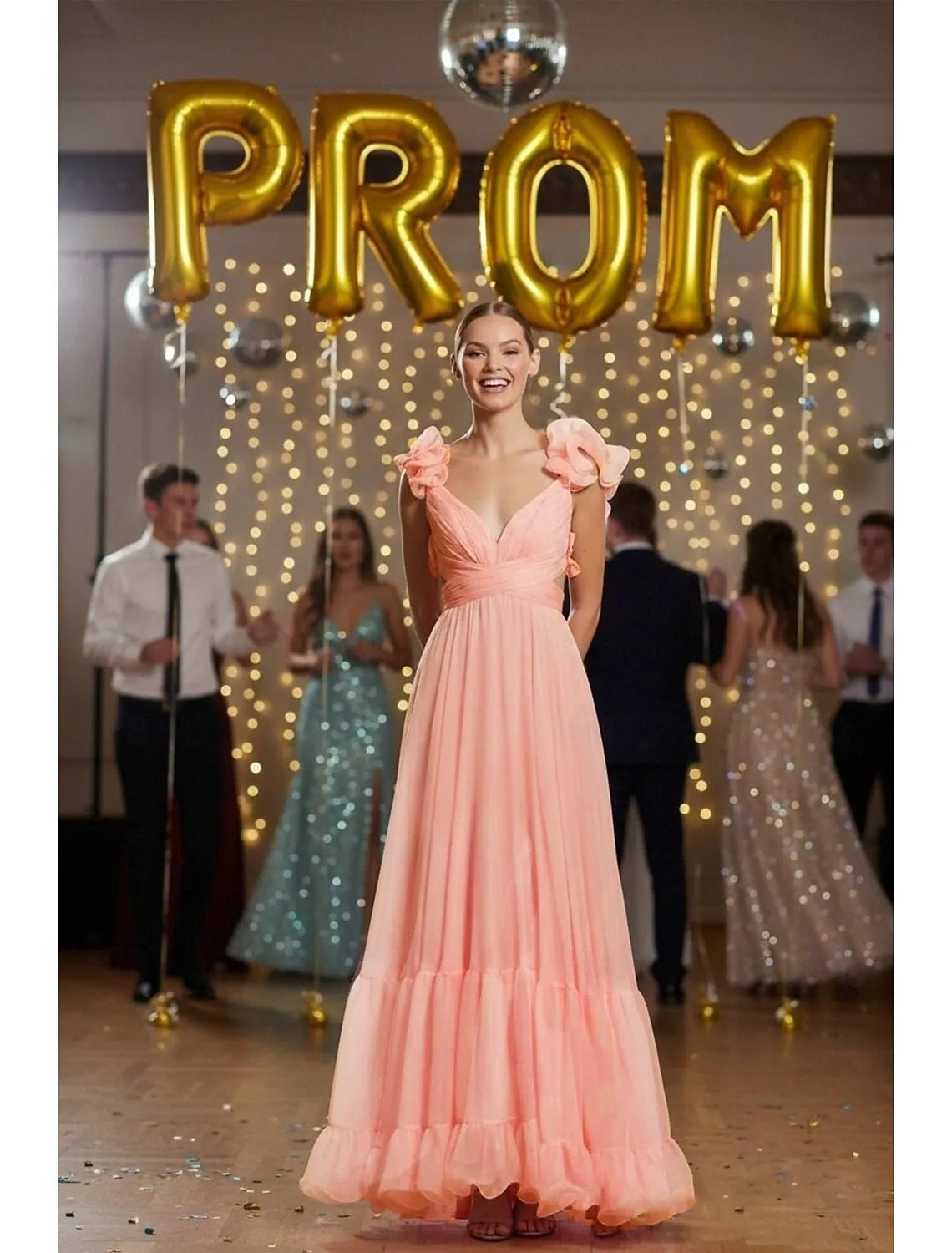A-Line V Neck Ruffled Lace-Up Chiffon Peach Floor Length Prom Dress Hot Sale