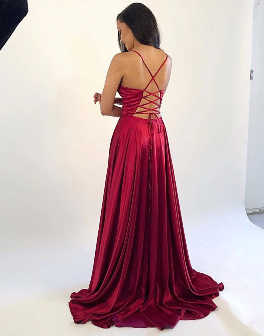 A-Line V Neck Satin Dark Red Long Evening Dress With High Slit