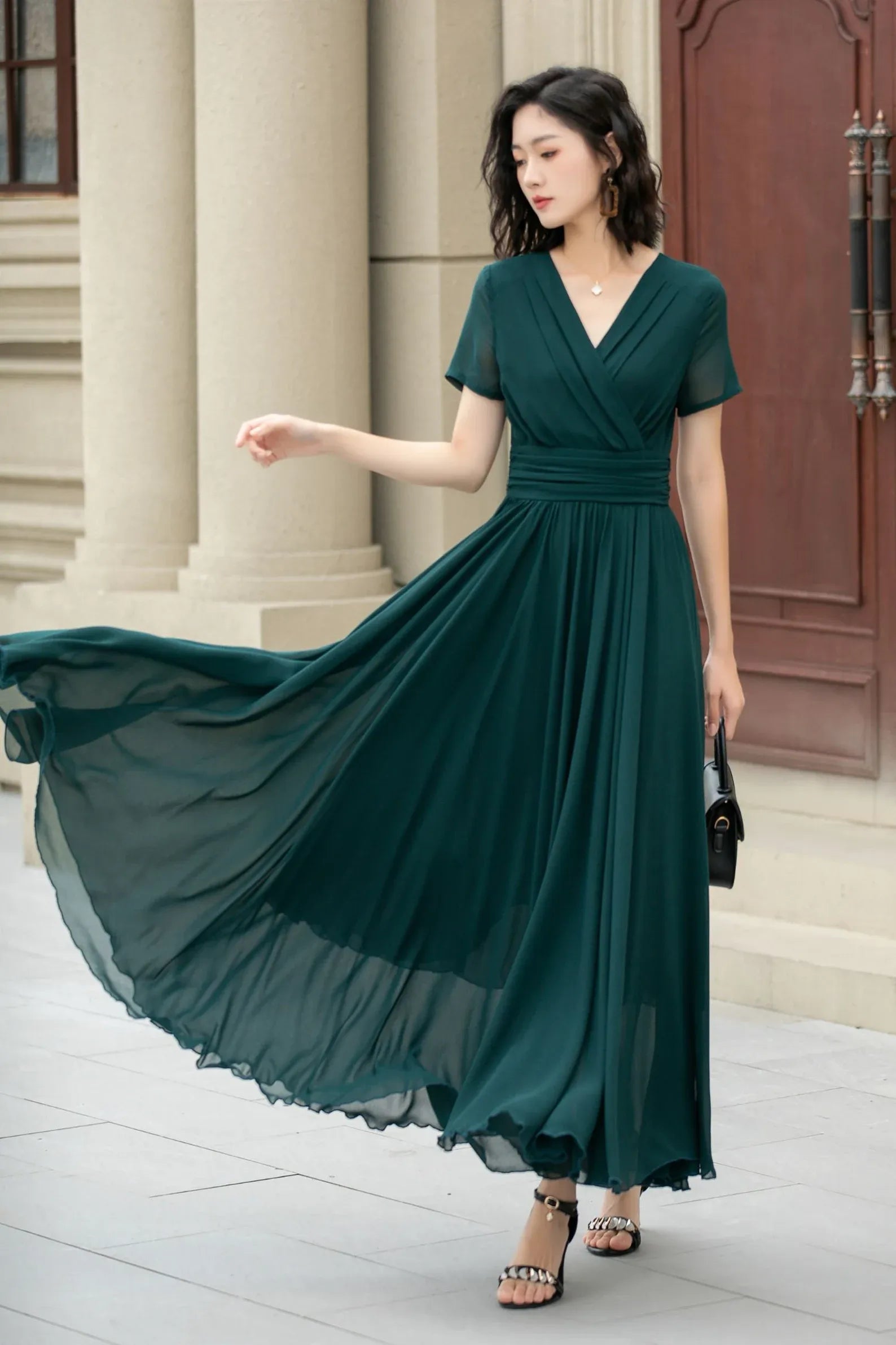 A-Line V Neck Short Sleeve Chiffon Dark Green Floor-Length Prom Dress For Summer