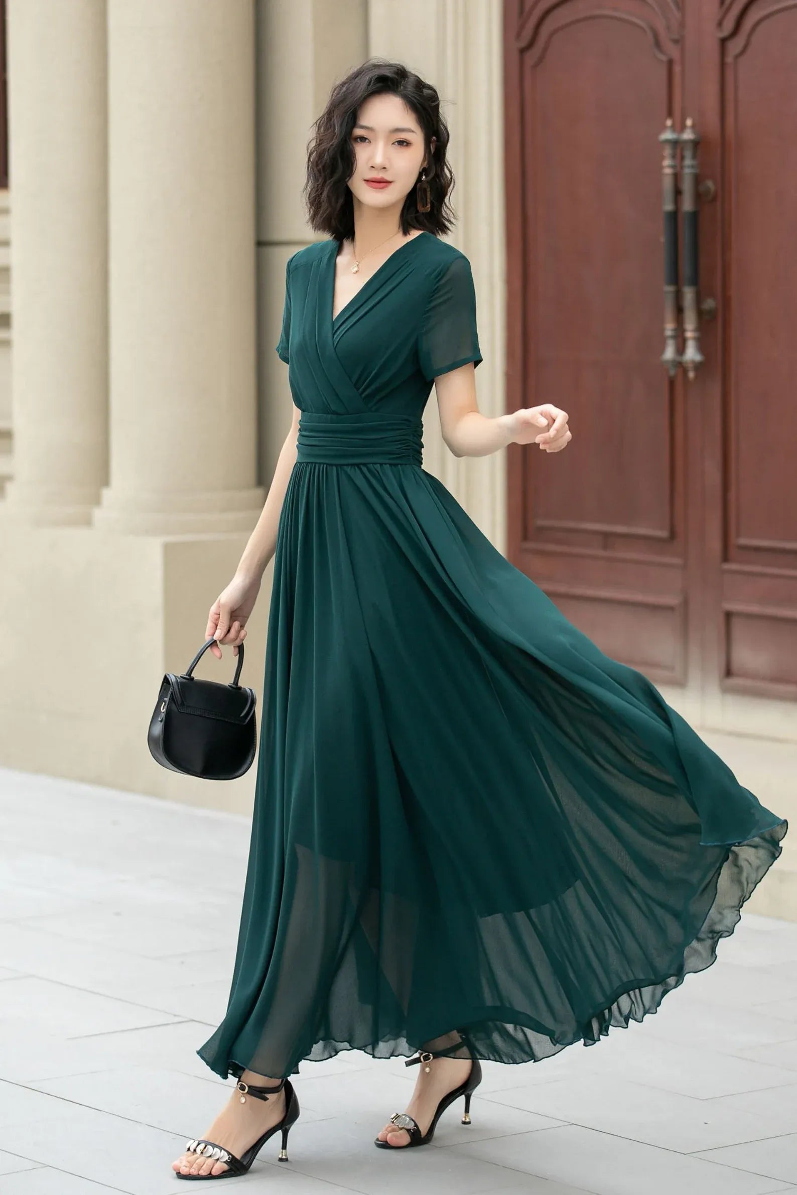 A-Line V Neck Short Sleeve Chiffon Dark Green Floor-Length Prom Dress For Summer