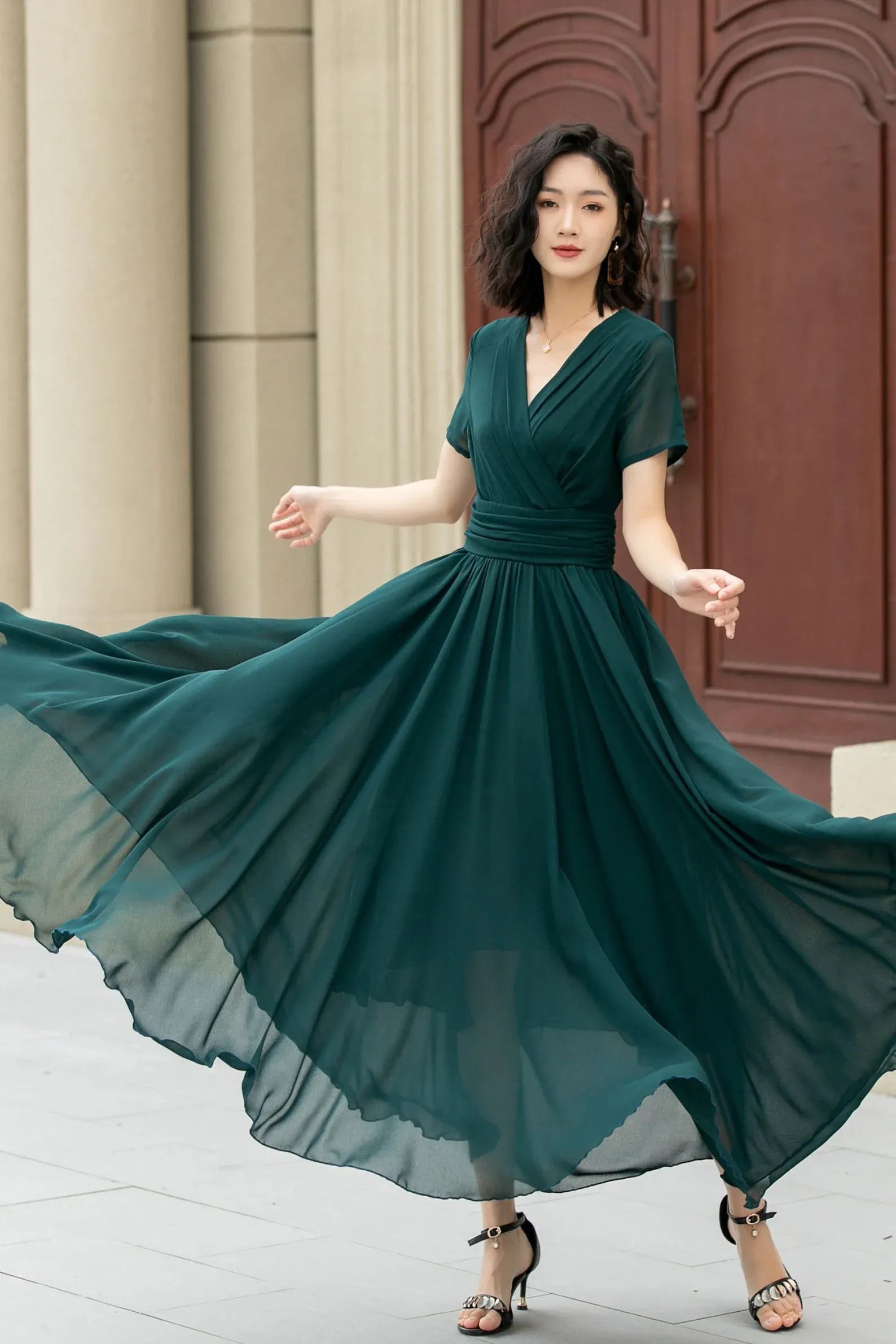 A-Line V Neck Short Sleeve Chiffon Dark Green Floor-Length Prom Dress For Summer