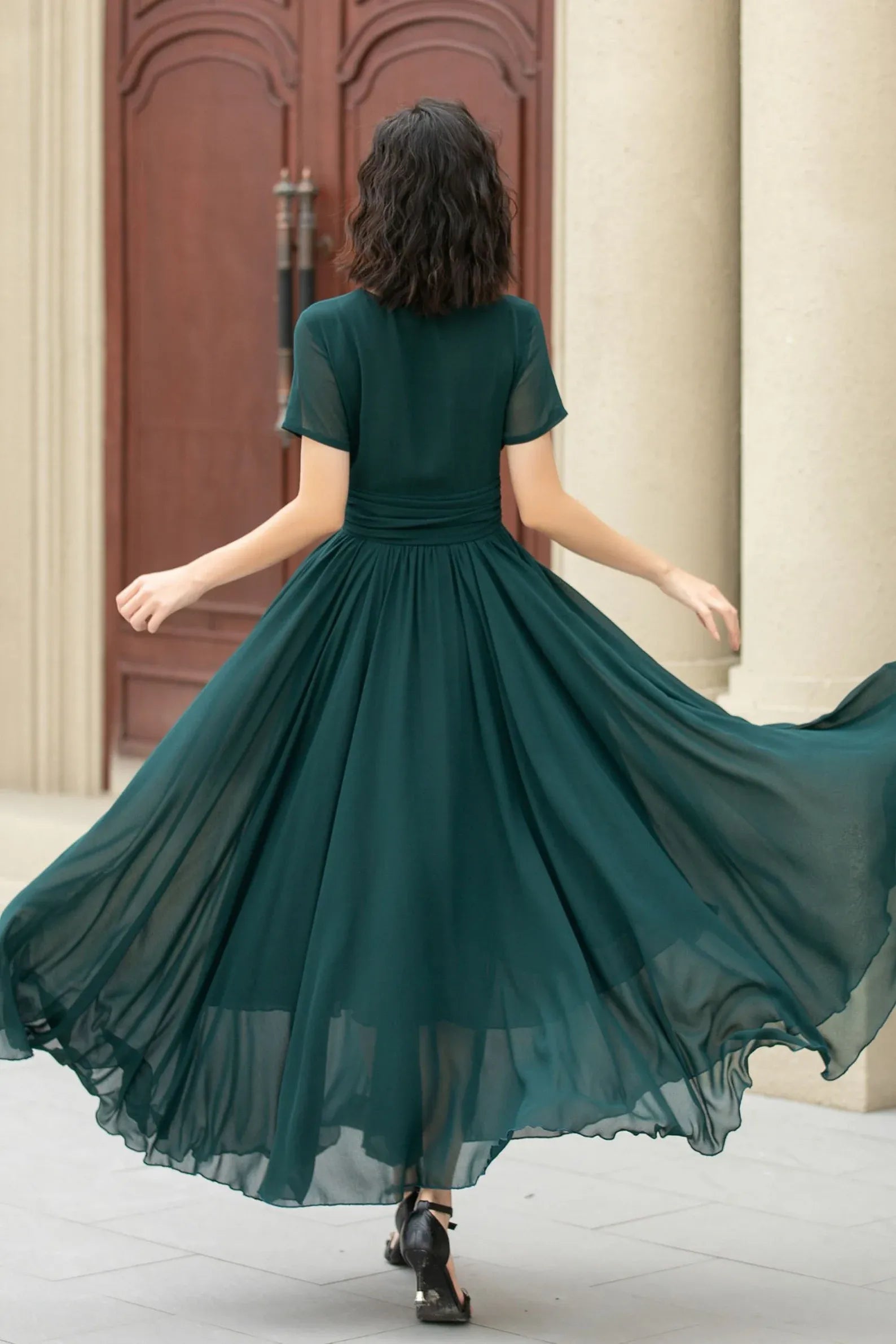 A-Line V Neck Short Sleeve Chiffon Dark Green Floor-Length Prom Dress For Summer