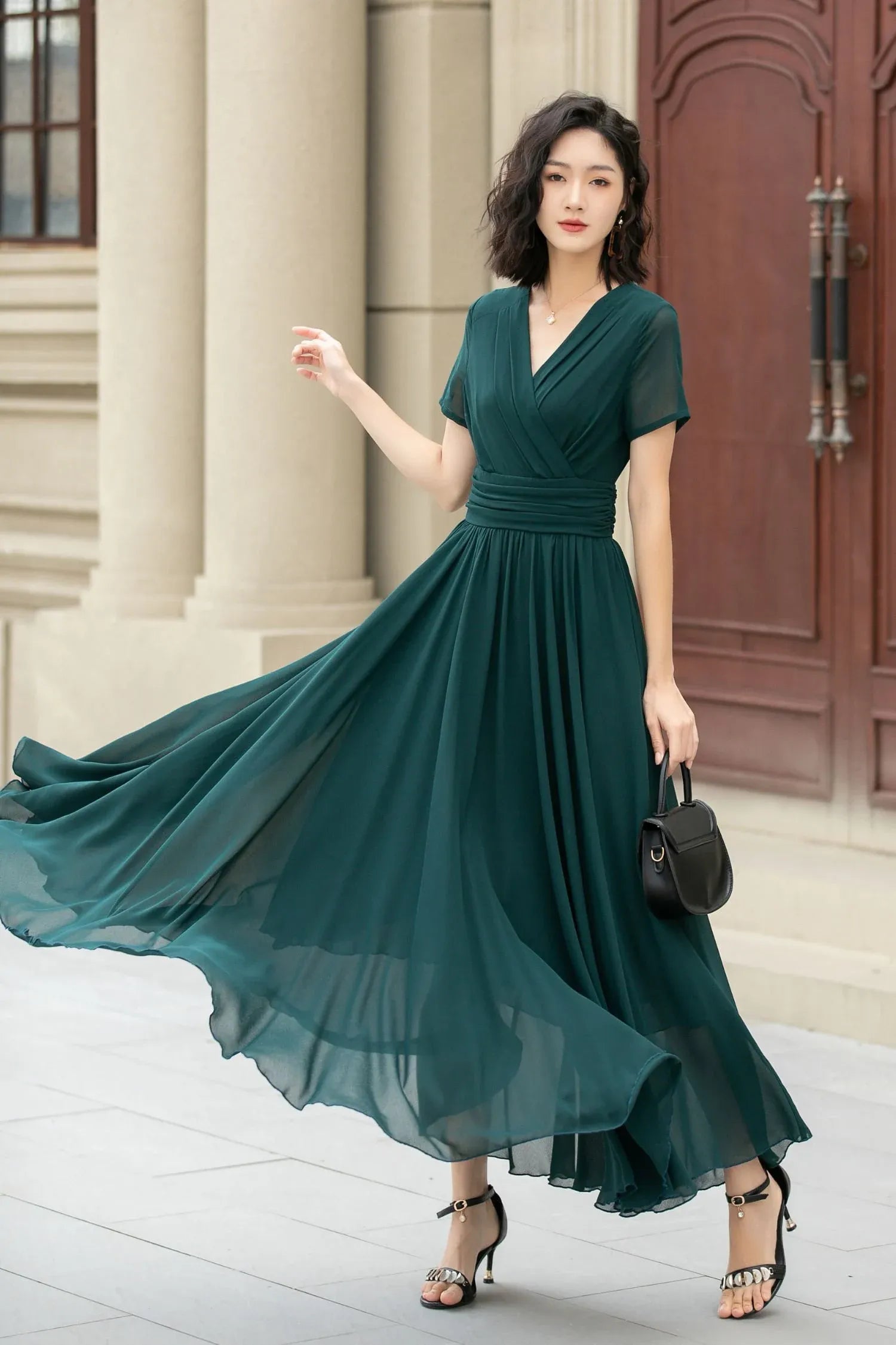 A-Line V Neck Short Sleeve Chiffon Dark Green Floor-Length Prom Dress For Summer