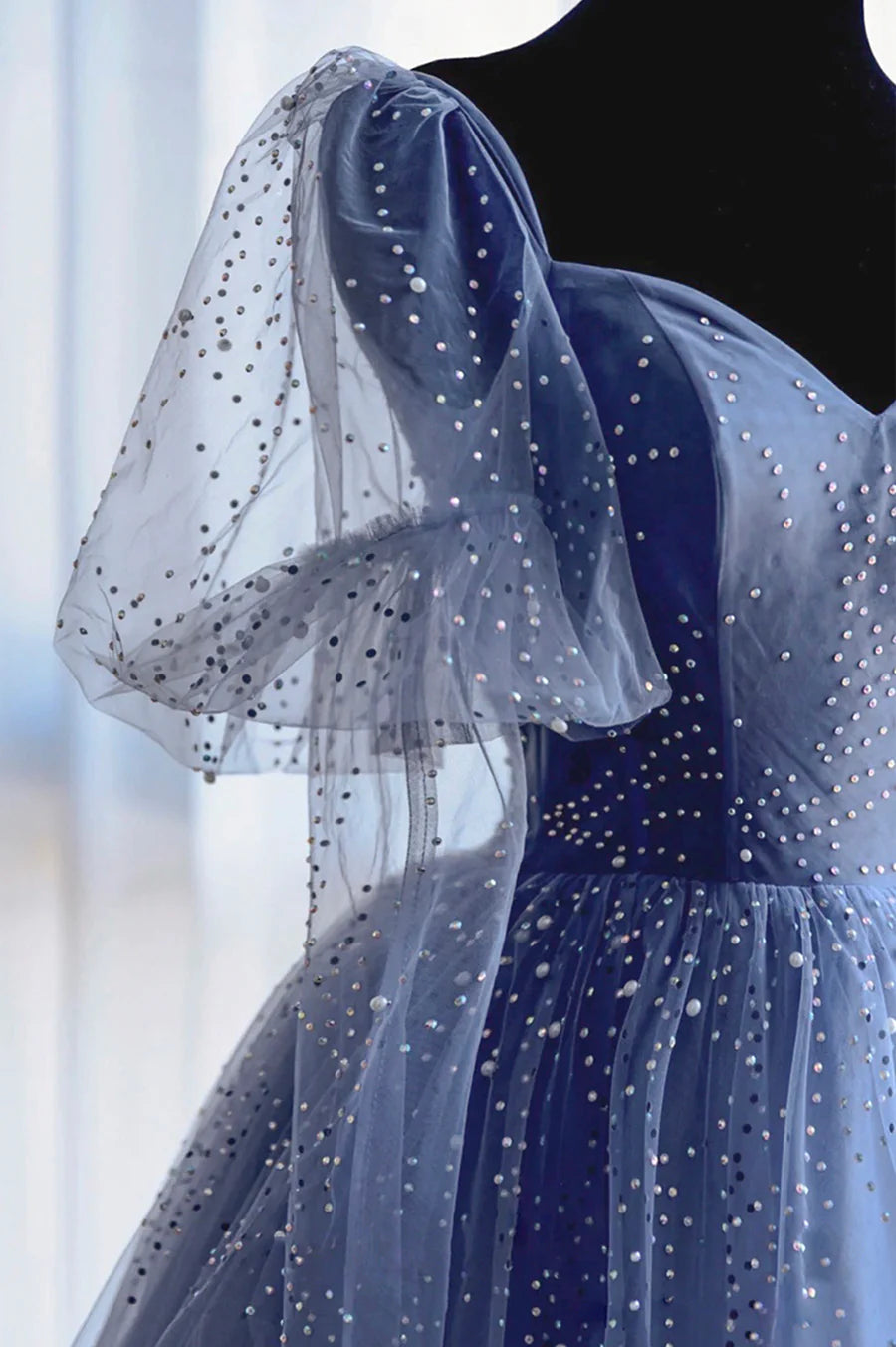 A-Line V Neck Short Sleeves Beaded Tulle Blue Long Prom Dresses Evening Dresses