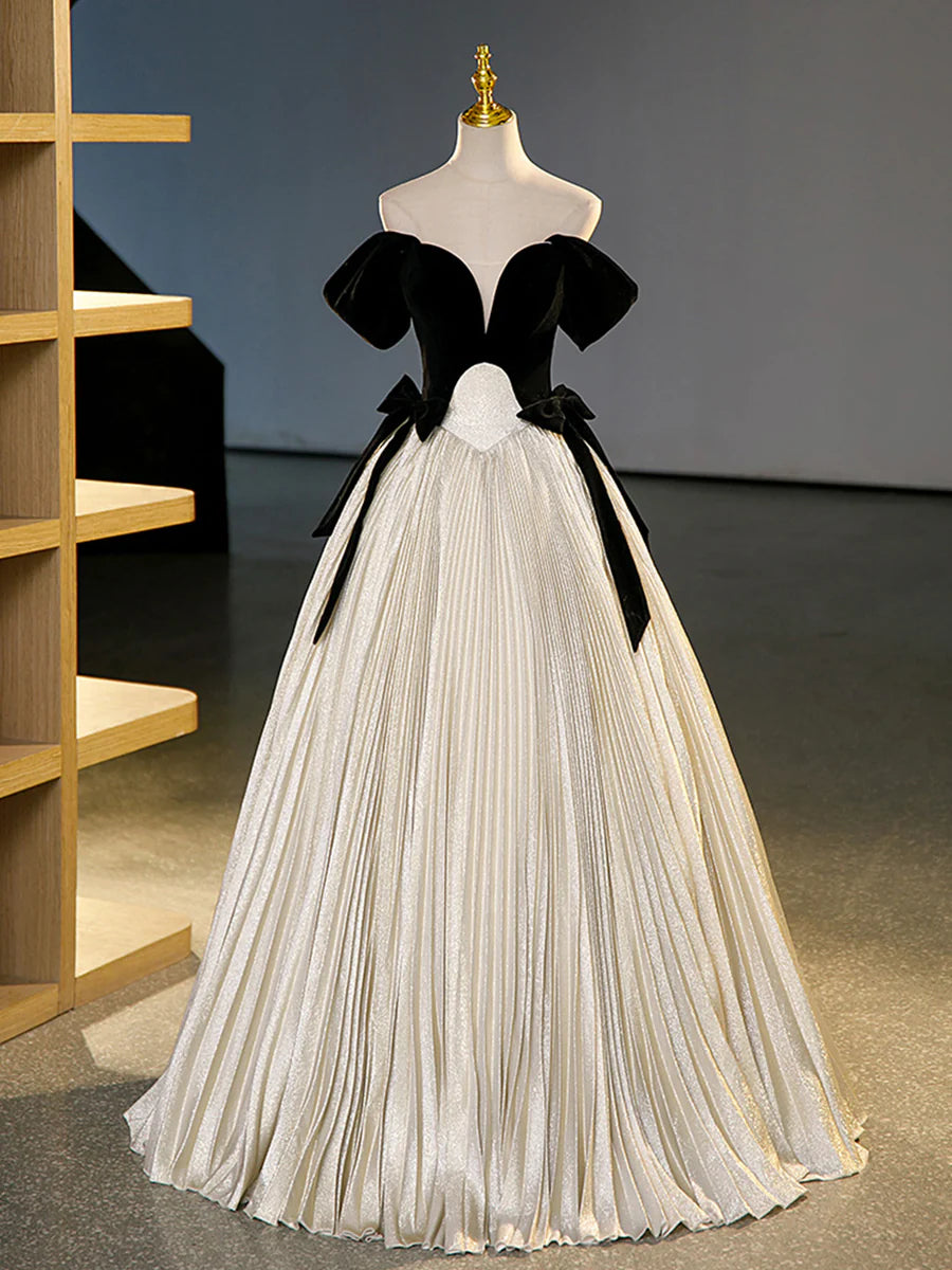 A-Line V Neck Short Sleeves Bow Velvet Black And Satin Champagne Long Prom Dress