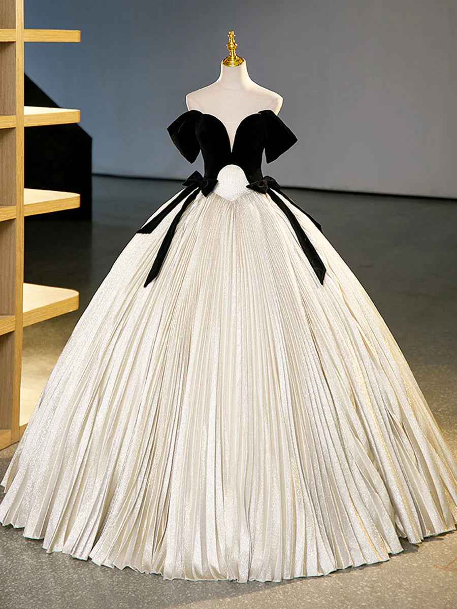 A-Line V Neck Short Sleeves Bow Velvet Black And Satin Champagne Long Prom Dress