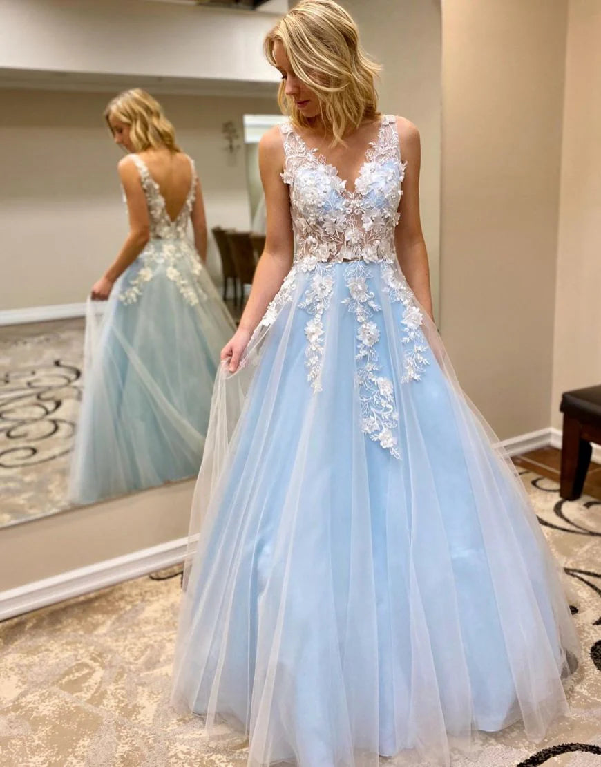 A-Line V Neck Sleeveless Appliques Tulle Lilac Floor Length Prom Dress