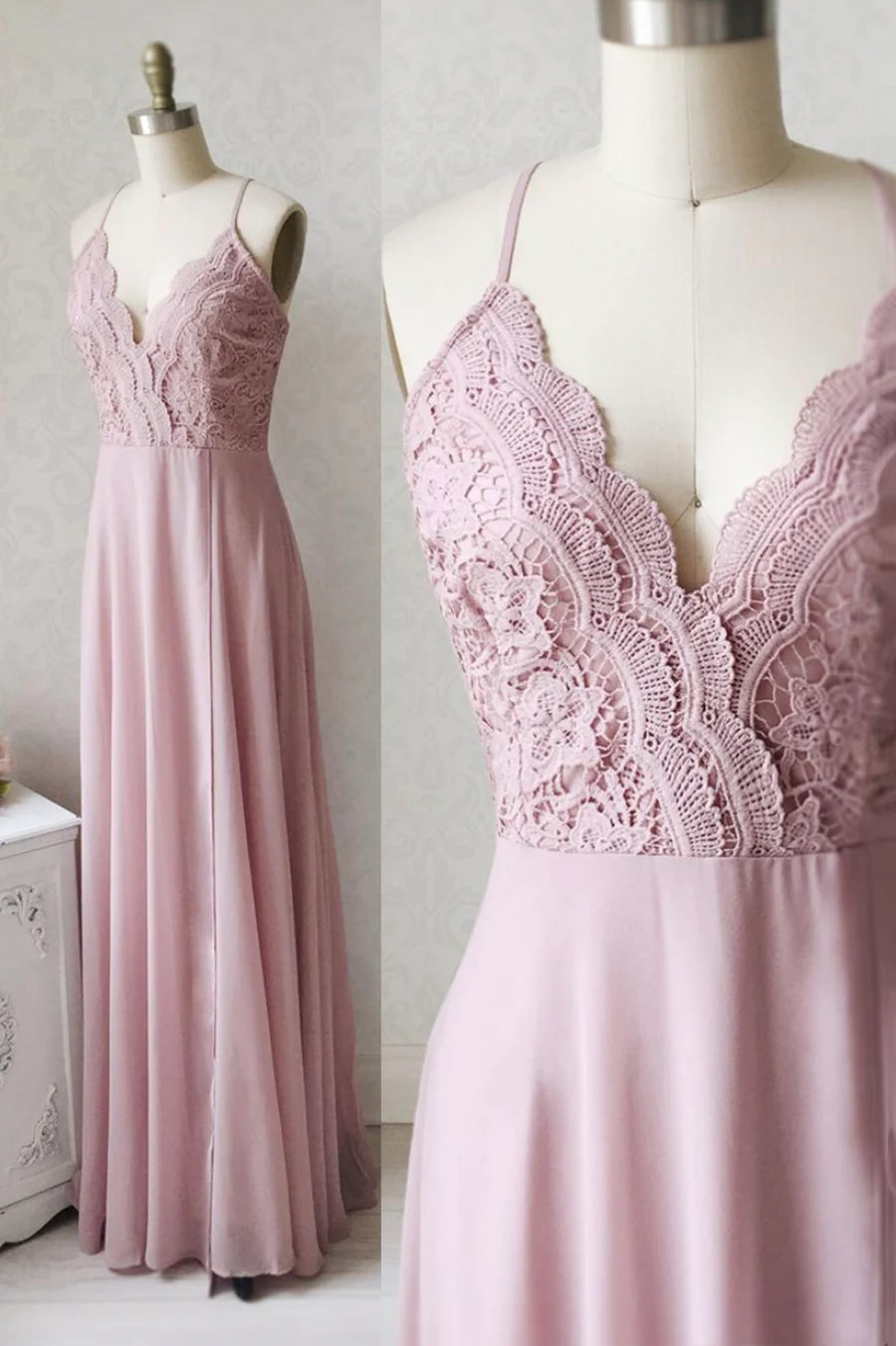 A-Line V Neck Spaghetti Strap Lace Chiffon Pink Long Prom Dresses