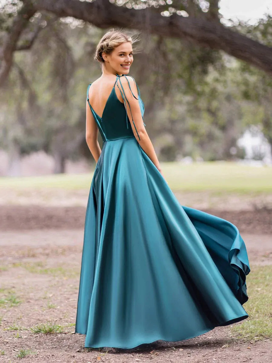 A-Line V Neck Tie Straps Satin Peacock Floor Length Evening Dress