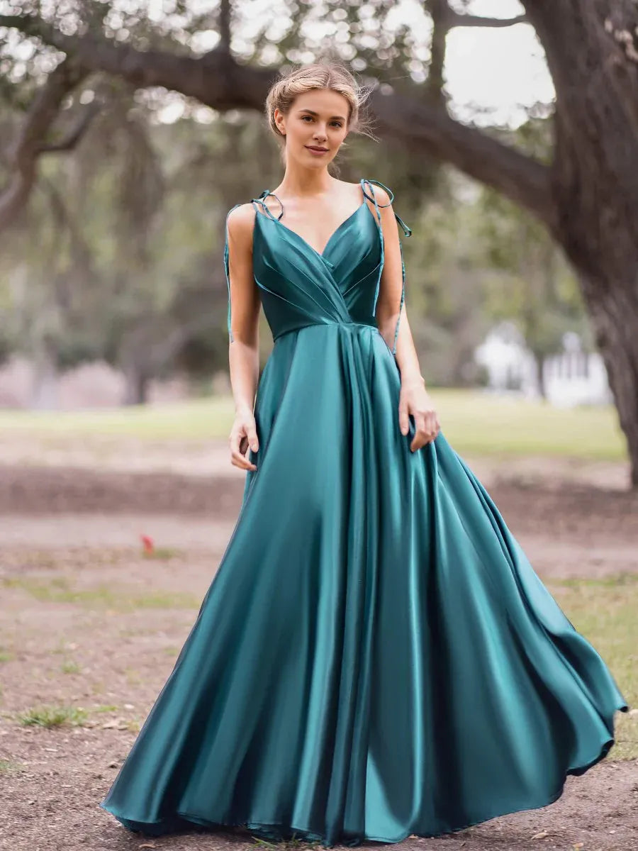 A-Line V Neck Tie Straps Satin Peacock Floor Length Evening Dress