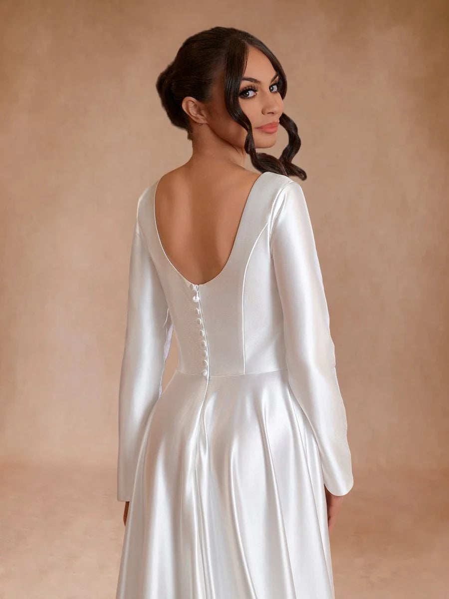 A-Line Vintage Satin Bateau Neckline Long Sleeves Sweep Train Bridal Gown Wedding Dresses