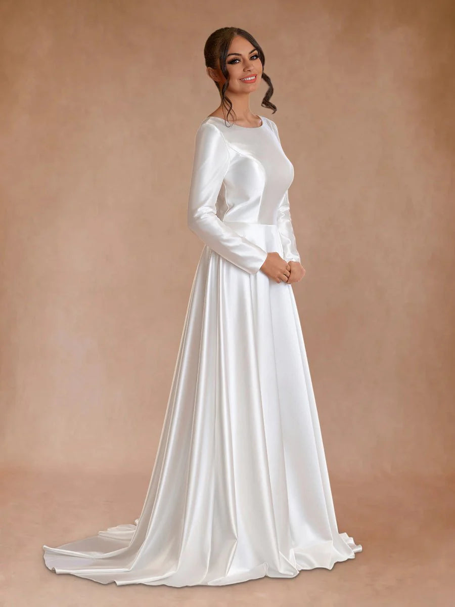 A-Line Vintage Satin Bateau Neckline Long Sleeves Sweep Train Bridal Gown Wedding Dresses