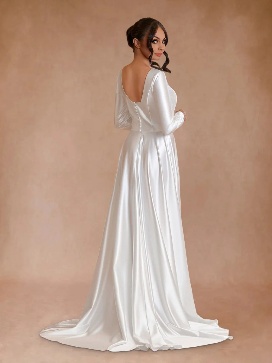A-Line Vintage Satin Bateau Neckline Long Sleeves Sweep Train Bridal Gown Wedding Dresses