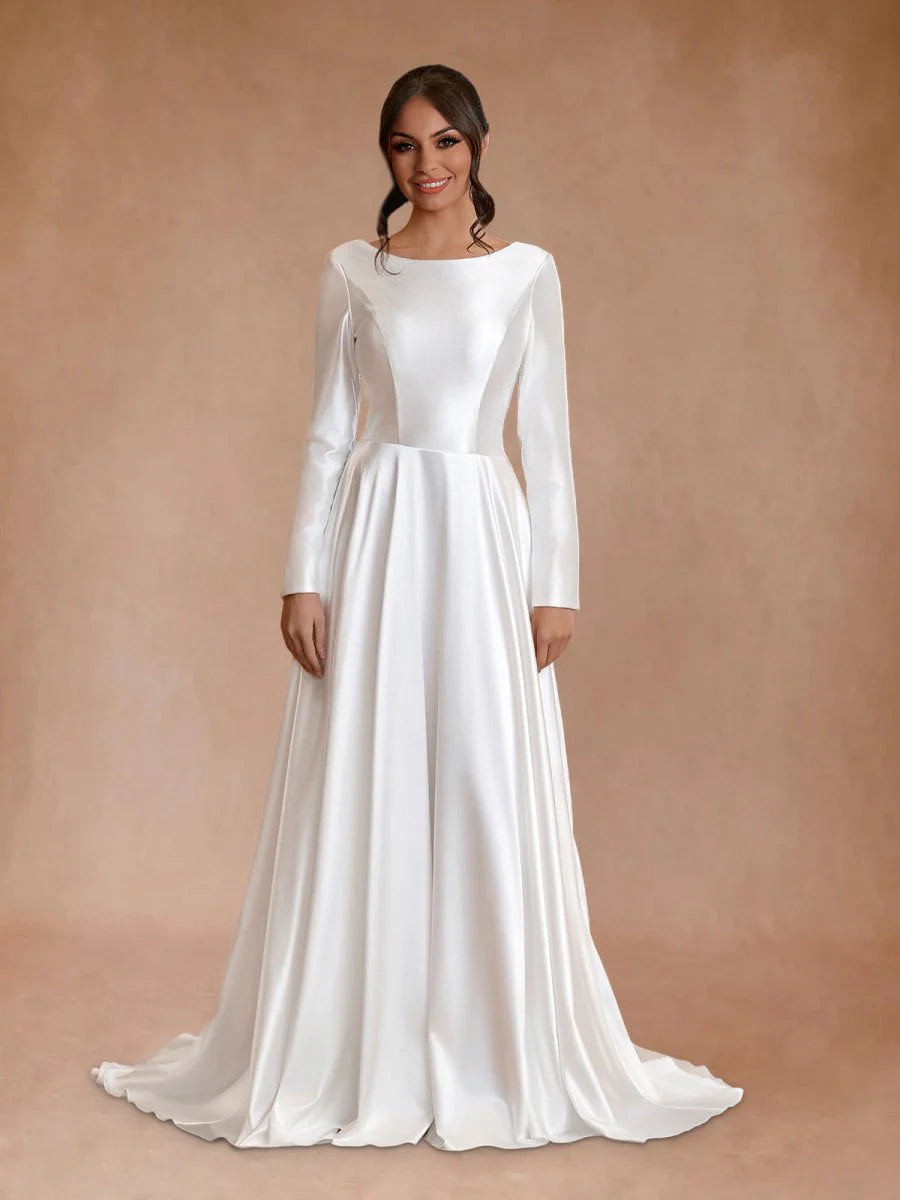 A-Line Vintage Satin Bateau Neckline Long Sleeves Sweep Train Bridal Gown Wedding Dresses