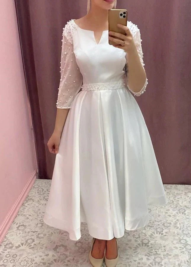 A-Line Vintage White Satin Boat Neck Three-quarter Sleeves Short Wedding Dresses With Sash