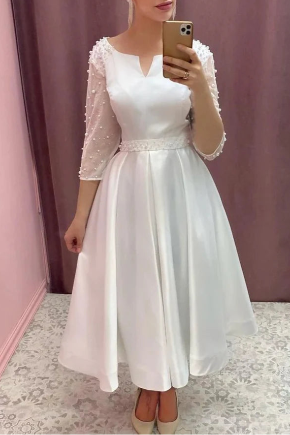 A-Line Vintage White Satin Boat Neck Three-quarter Sleeves Short Wedding Dresses With Sash