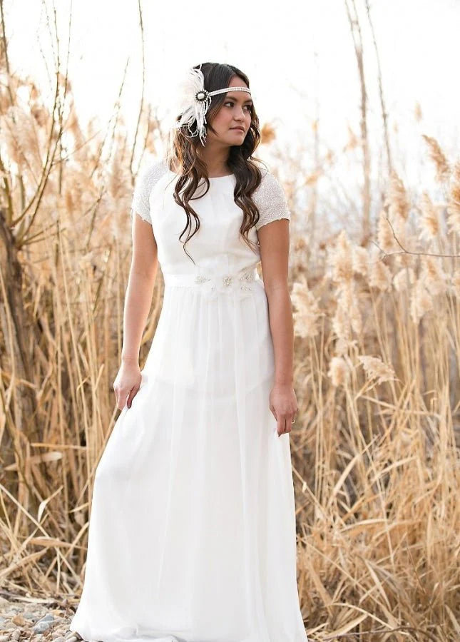 A-Line White Chiffon Boho Crystals Short Sleeves  Flower Sash Pleat Floor-Length Wedding Dresses