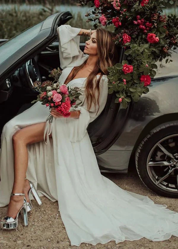 A-Line White Chiffon High Slit Long-Sleeve V-Neck Beach Romantic Wedding Dresses With Sweep Train