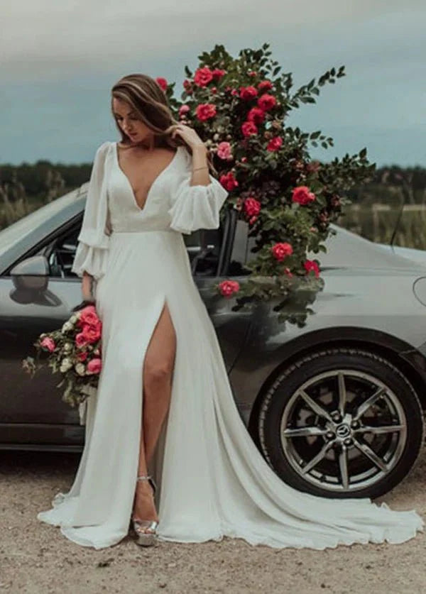 A-Line White Chiffon High Slit Long-Sleeve V-Neck Beach Romantic Wedding Dresses With Sweep Train