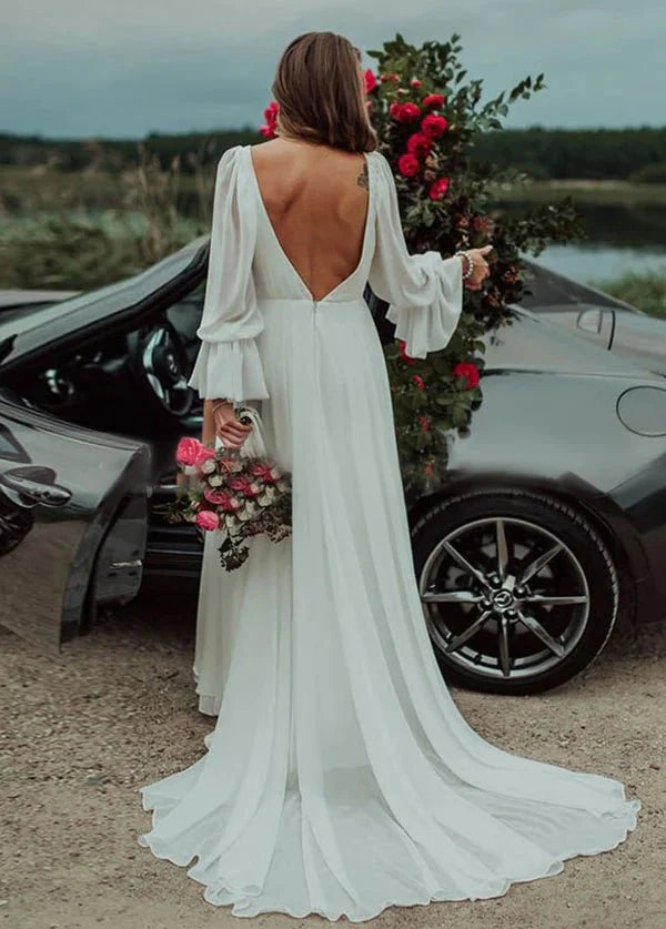 A-Line White Chiffon High Slit Long-Sleeve V-Neck Beach Romantic Wedding Dresses With Sweep Train