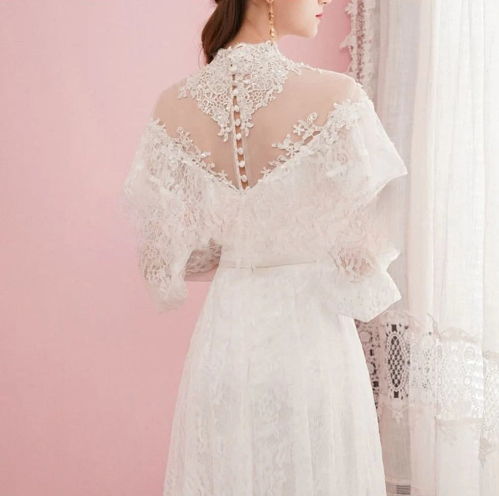 A-Line White Lace Appliques High Neck Long Sleeves Ruffles Wedding Dresses With Sweep Train