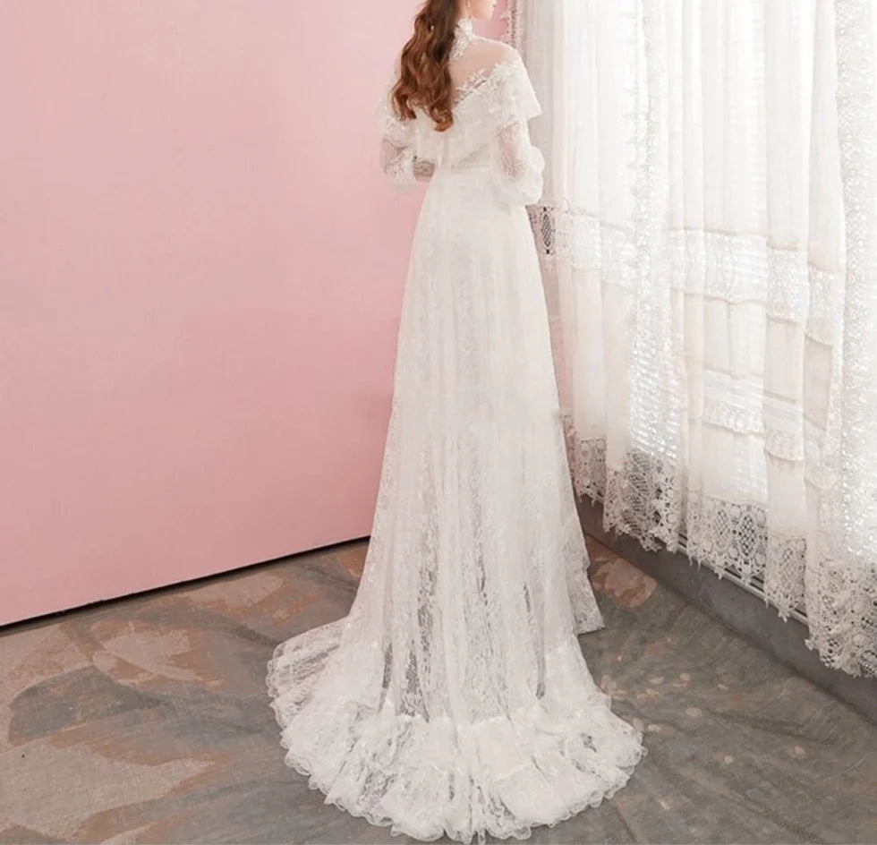 A-Line White Lace Appliques High Neck Long Sleeves Ruffles Wedding Dresses With Sweep Train