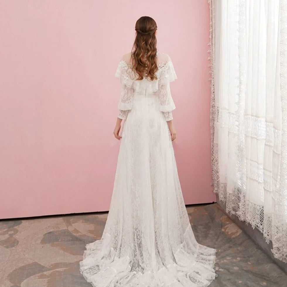 A-Line White Lace Appliques High Neck Long Sleeves Ruffles Wedding Dresses With Sweep Train