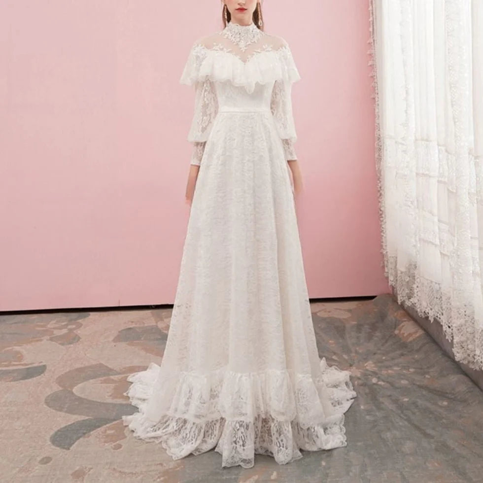A-Line White Lace Appliques High Neck Long Sleeves Ruffles Wedding Dresses With Sweep Train