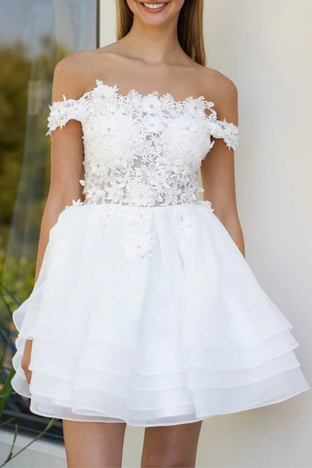 A-Line White Lace Organza With Applique Beaded Off the Shoulder Tiered Short Prom Dress Wedding Dresses