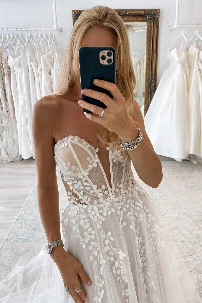 A-Line White Nude Tulle Sweetheart Deep V Neck Appliques Sweep Train Wedding Dresses