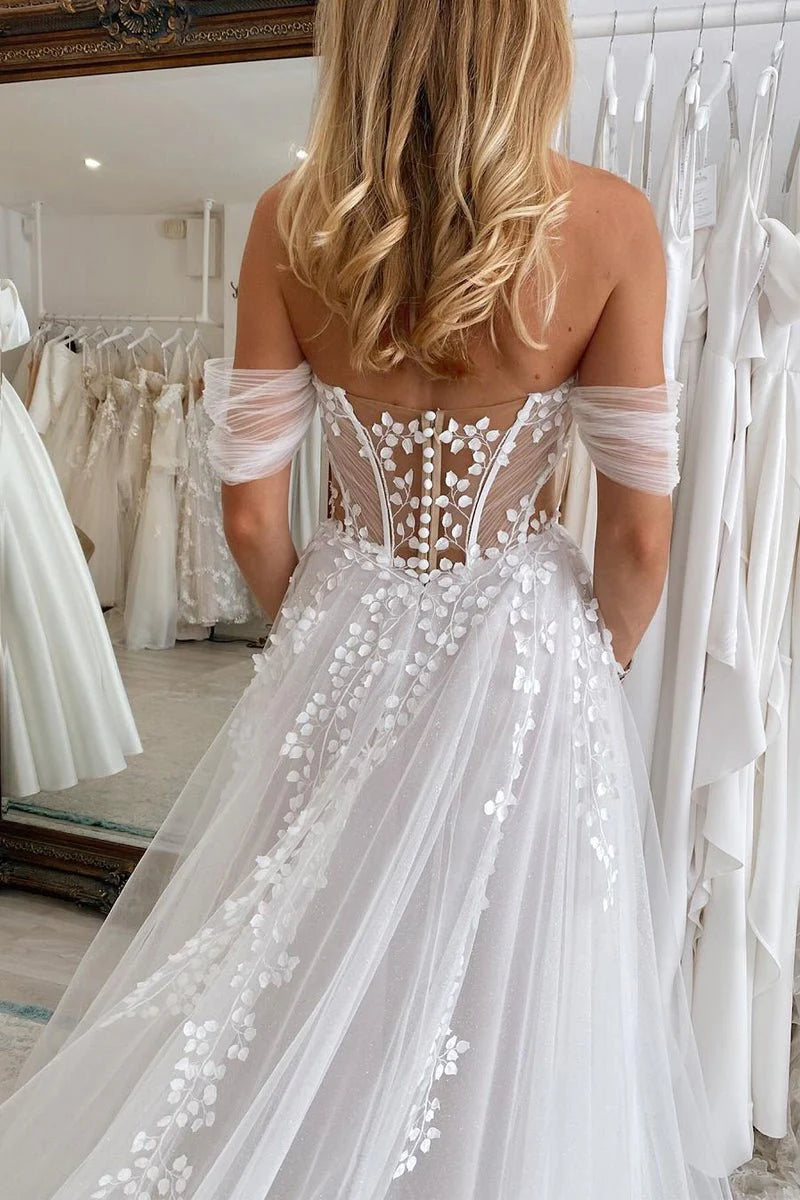 A-Line White Nude Tulle Sweetheart Deep V Neck Appliques Sweep Train Wedding Dresses