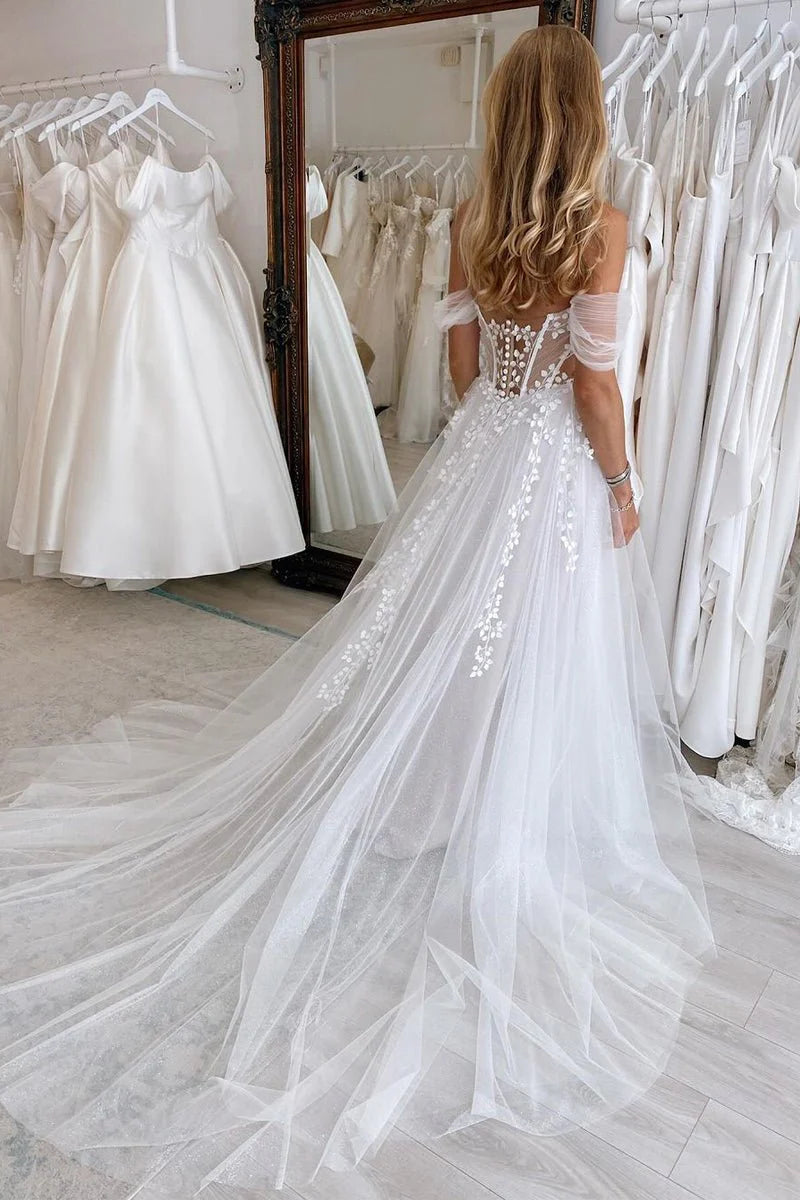 A-Line White Nude Tulle Sweetheart Deep V Neck Appliques Sweep Train Wedding Dresses