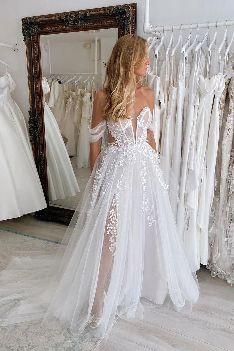 A-Line White Nude Tulle Sweetheart Deep V Neck Appliques Sweep Train Wedding Dresses