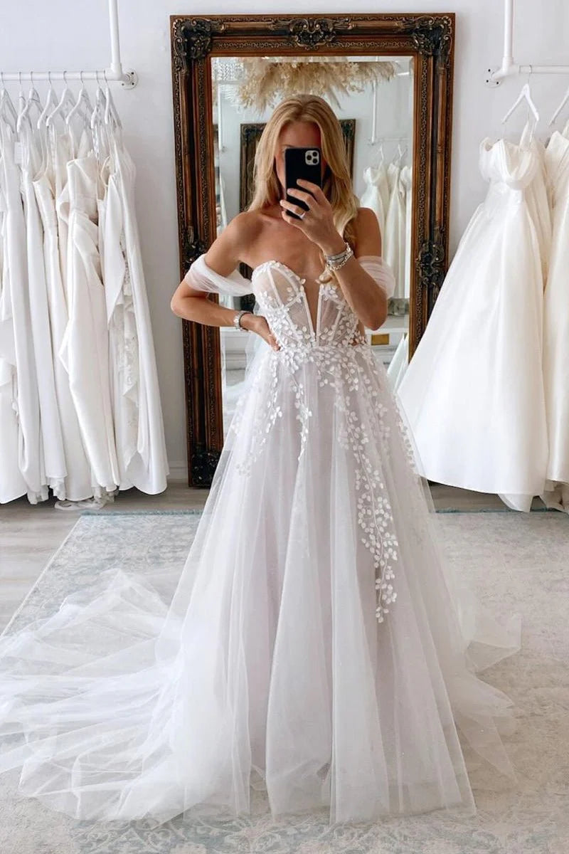 A-Line White Nude Tulle Sweetheart Deep V Neck Appliques Sweep Train Wedding Dresses