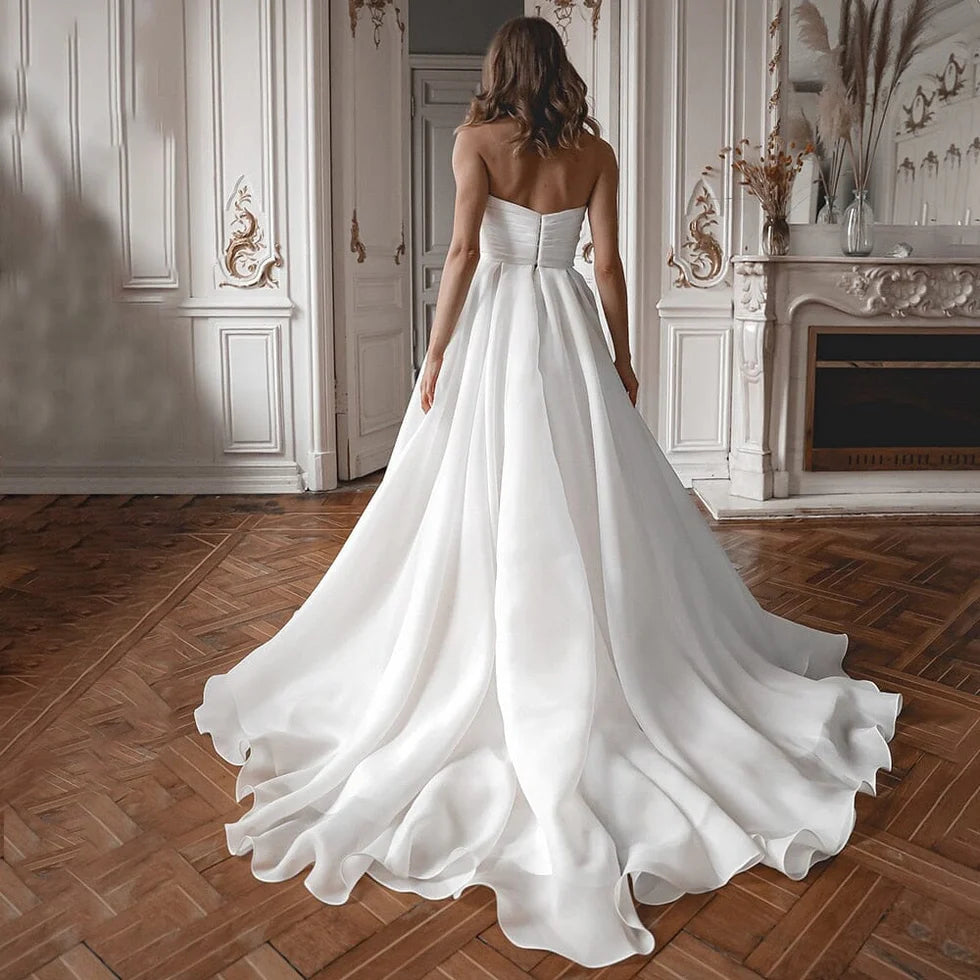 A-Line White Organza Off the Shoulder Long Sleeves Sweep Train Wedding Dress With High Slit