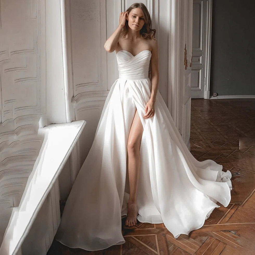 A-Line White Organza Off the Shoulder Long Sleeves Sweep Train Wedding Dress With High Slit