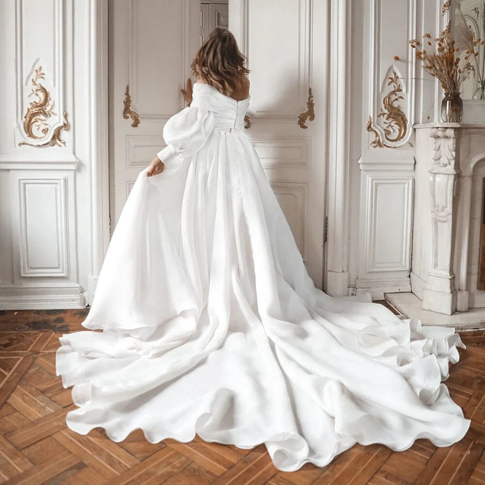 A-Line White Organza Off the Shoulder Long Sleeves Sweep Train Wedding Dress With High Slit