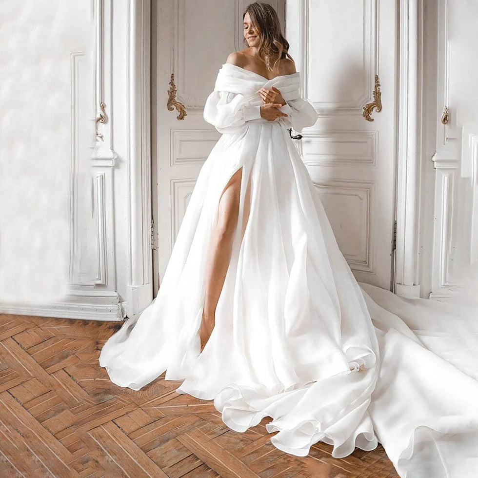 A-Line White Organza Off the Shoulder Long Sleeves Sweep Train Wedding Dress With High Slit
