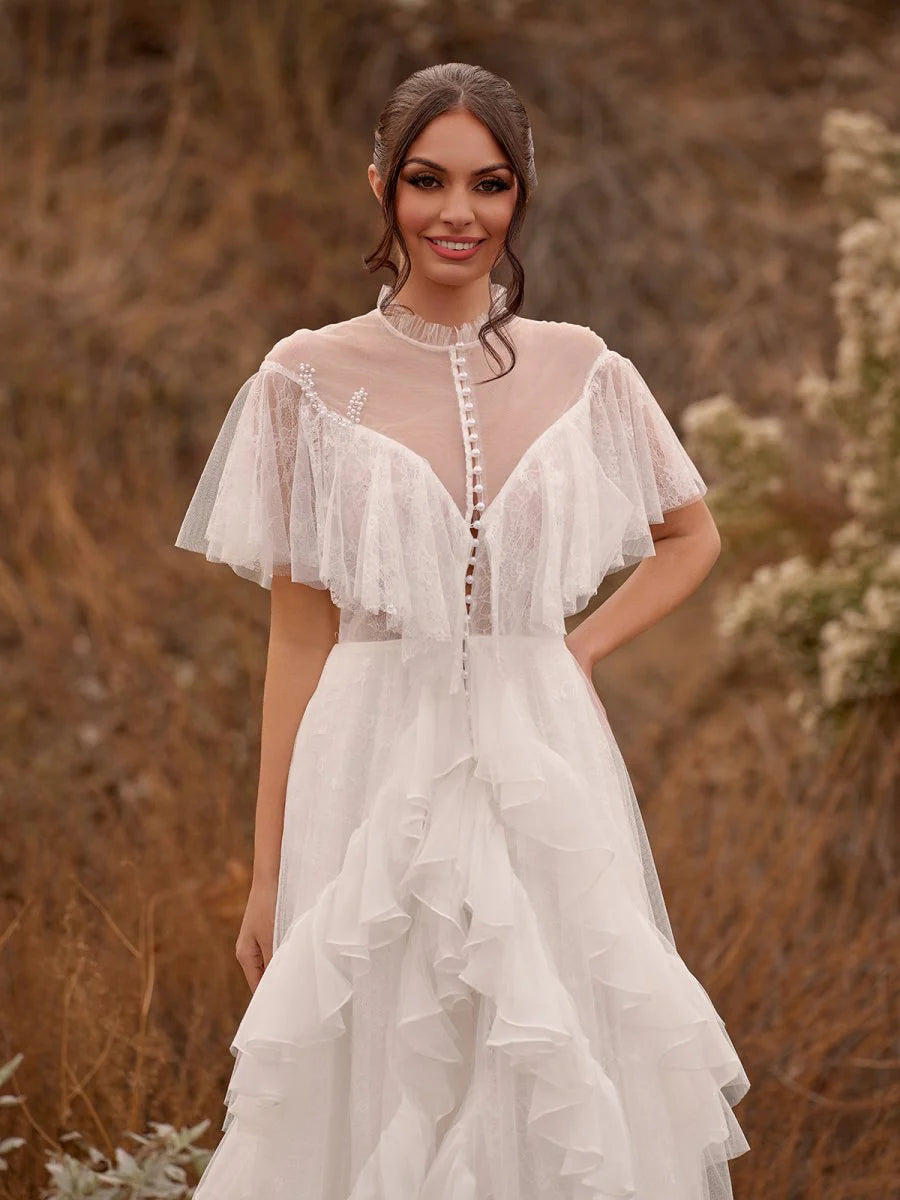 A-Line White Tulle See-through Short Sleeves High Slit Ruffle Wedding Dresses With Applique