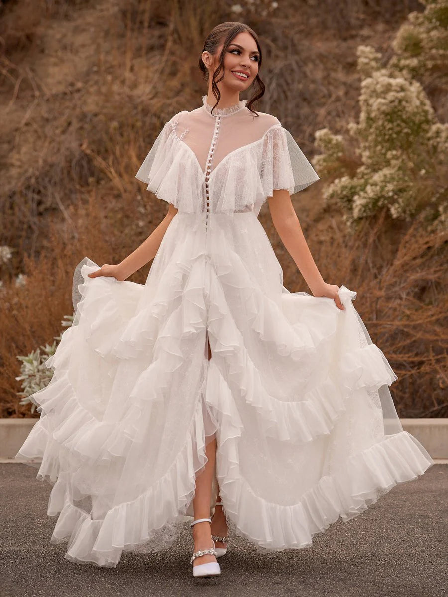 A-Line White Tulle See-through Short Sleeves High Slit Ruffle Wedding Dresses With Applique