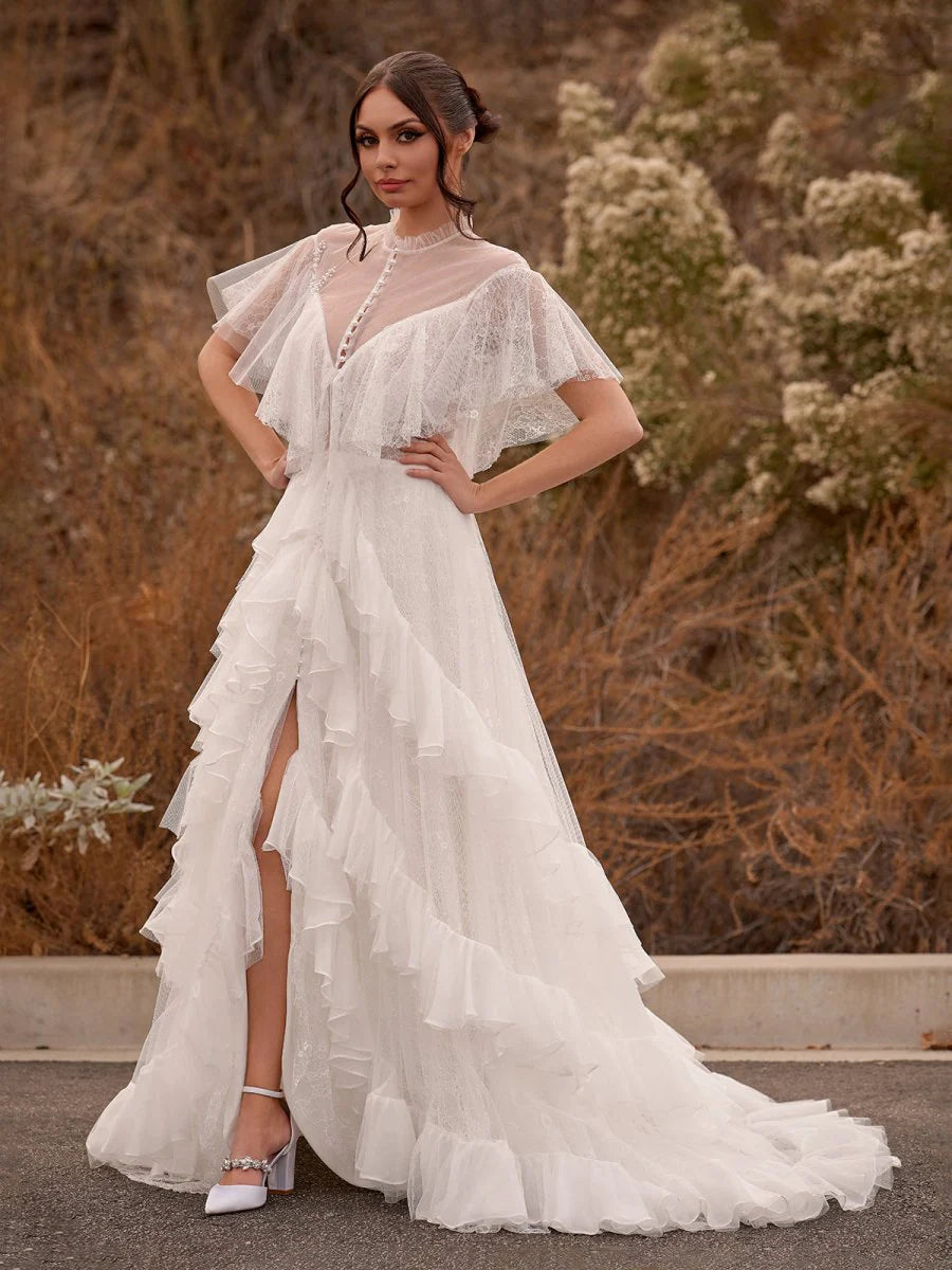 A-Line White Tulle See-through Short Sleeves High Slit Ruffle Wedding Dresses With Applique