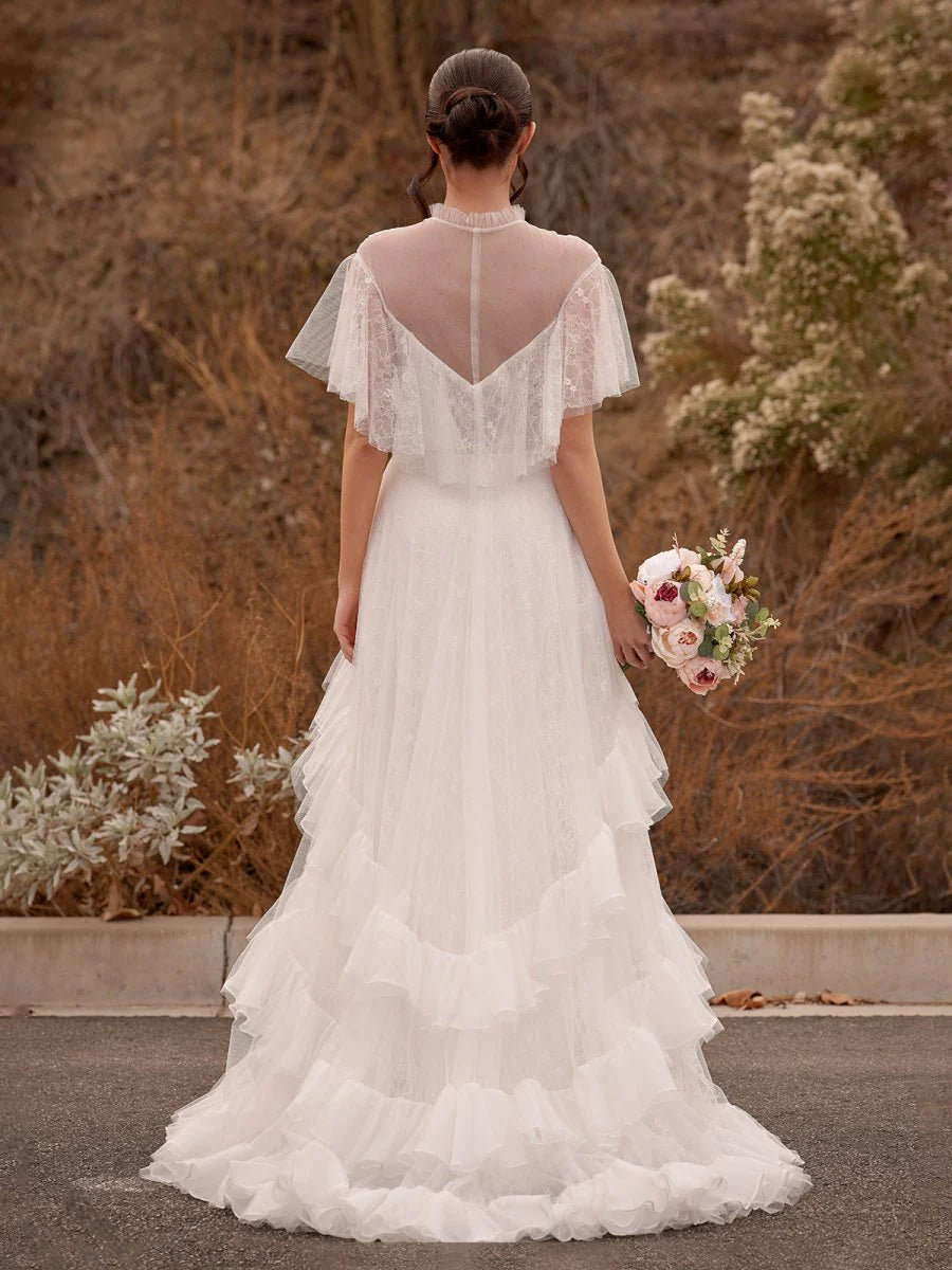 A-Line White Tulle See-through Short Sleeves High Slit Ruffle Wedding Dresses With Applique