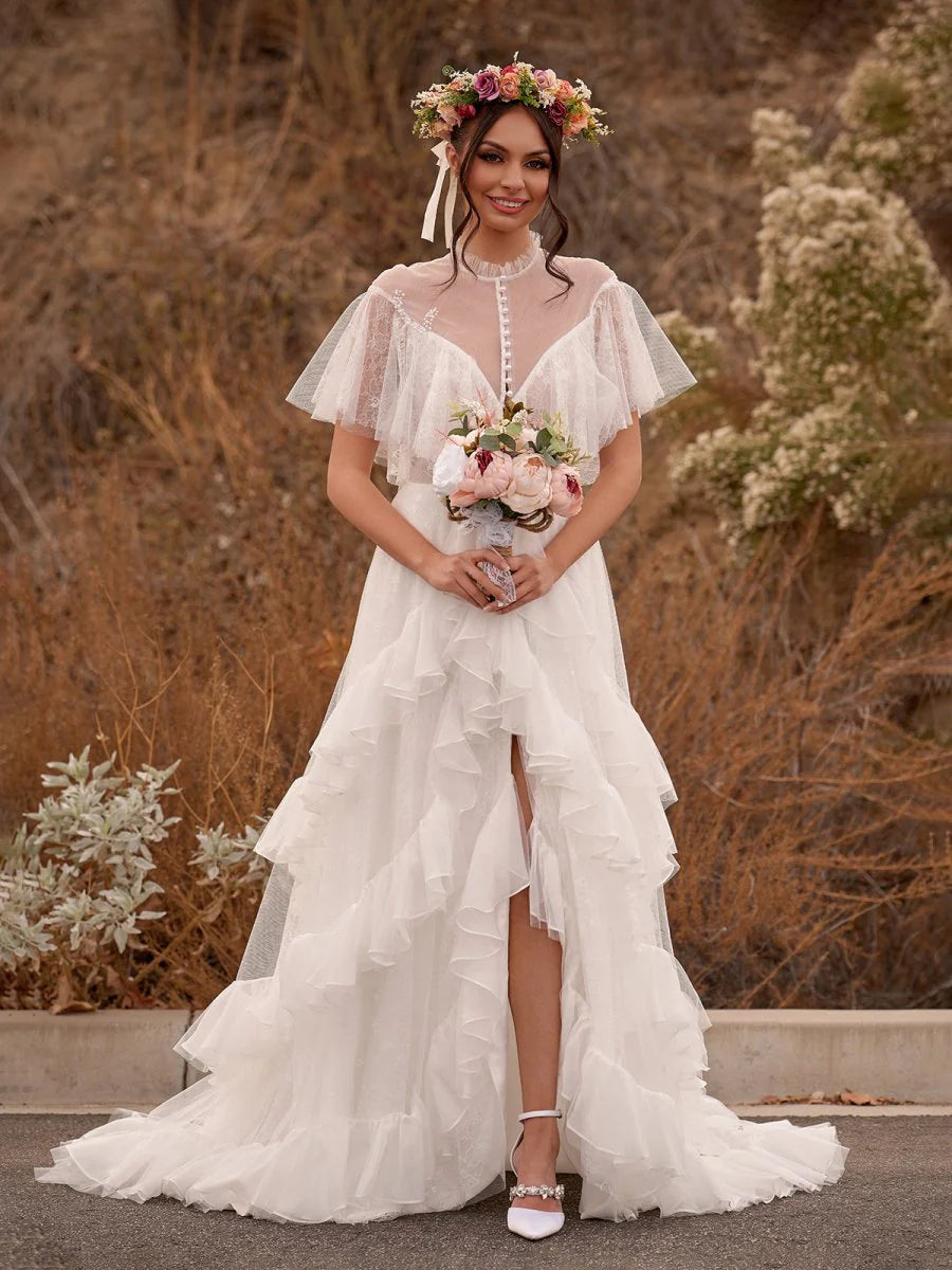 A-Line White Tulle See-through Short Sleeves High Slit Ruffle Wedding Dresses With Applique