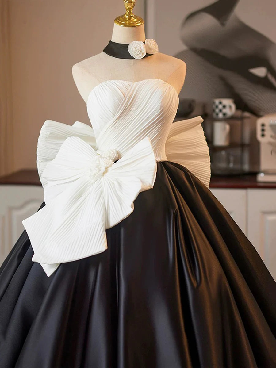 A-Line White and Black Satin Strapless Pretty Long Prom Dress Floor length Formal Party Dress With Bow