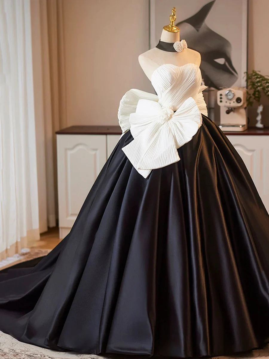 A-Line White and Black Satin Strapless Pretty Long Prom Dress Floor length Formal Party Dress With Bow
