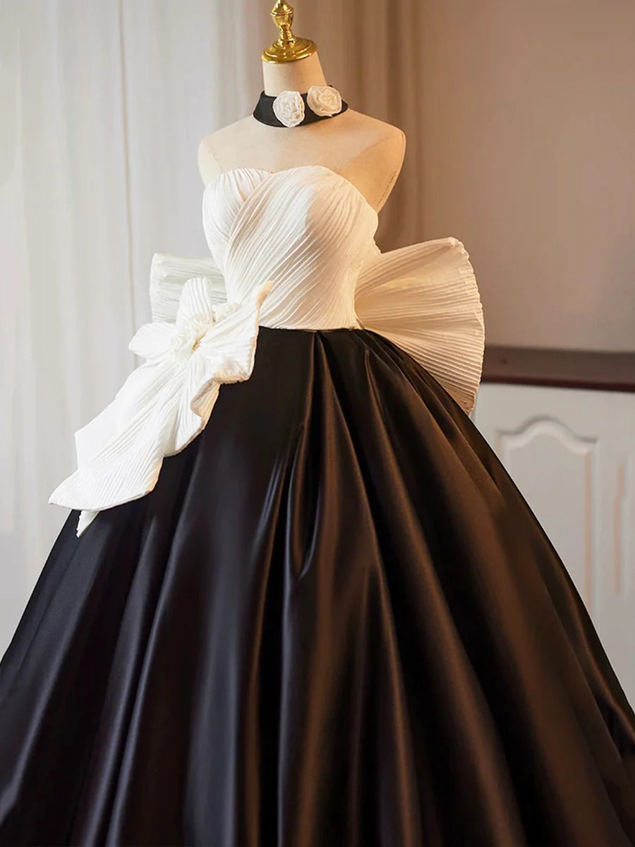 A-Line White and Black Satin Strapless Pretty Long Prom Dress Floor length Formal Party Dress With Bow