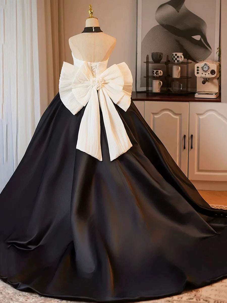A-Line White and Black Satin Strapless Pretty Long Prom Dress Floor length Formal Party Dress With Bow