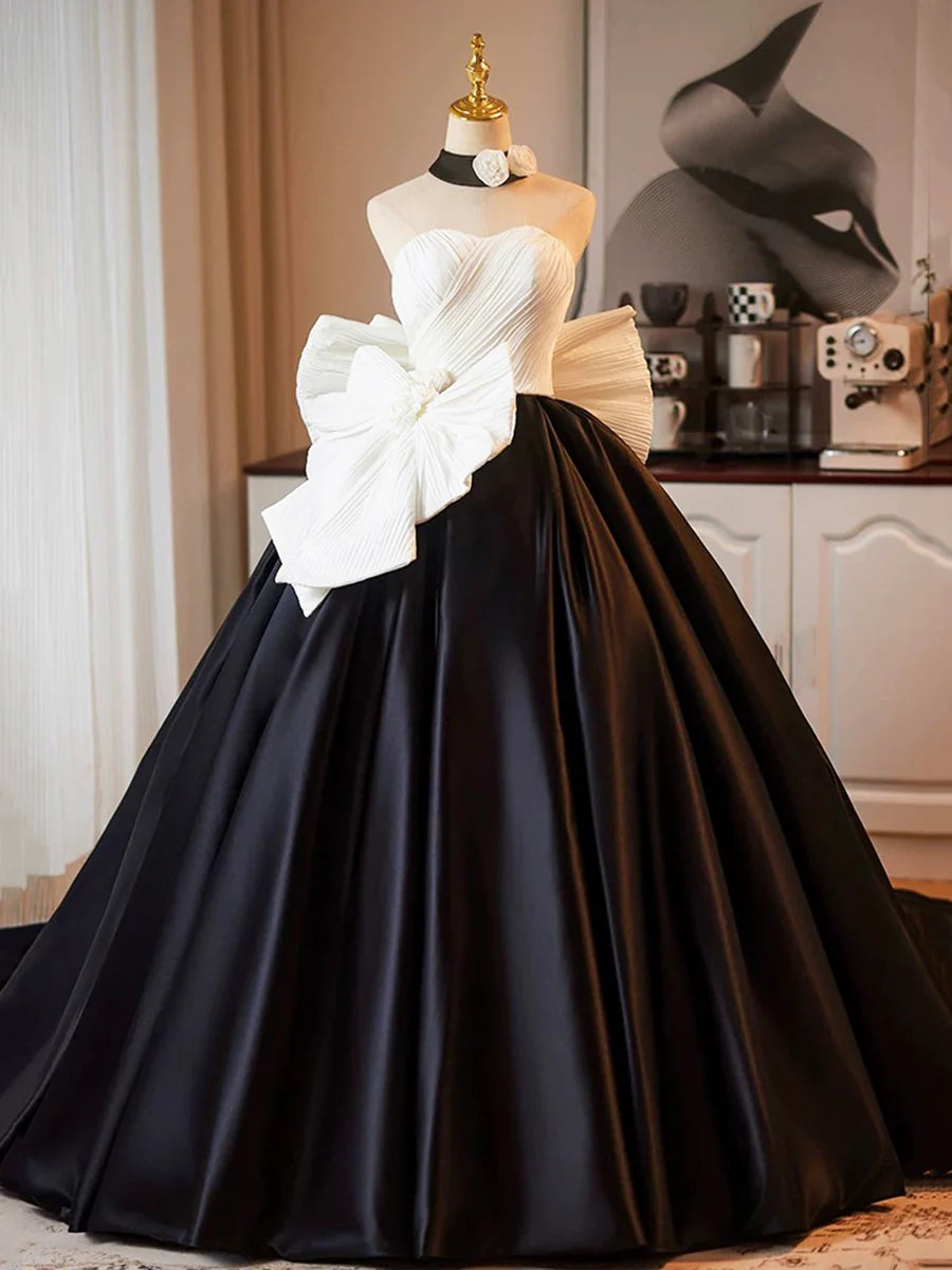 A-Line White and Black Satin Strapless Pretty Long Prom Dress Floor length Formal Party Dress With Bow