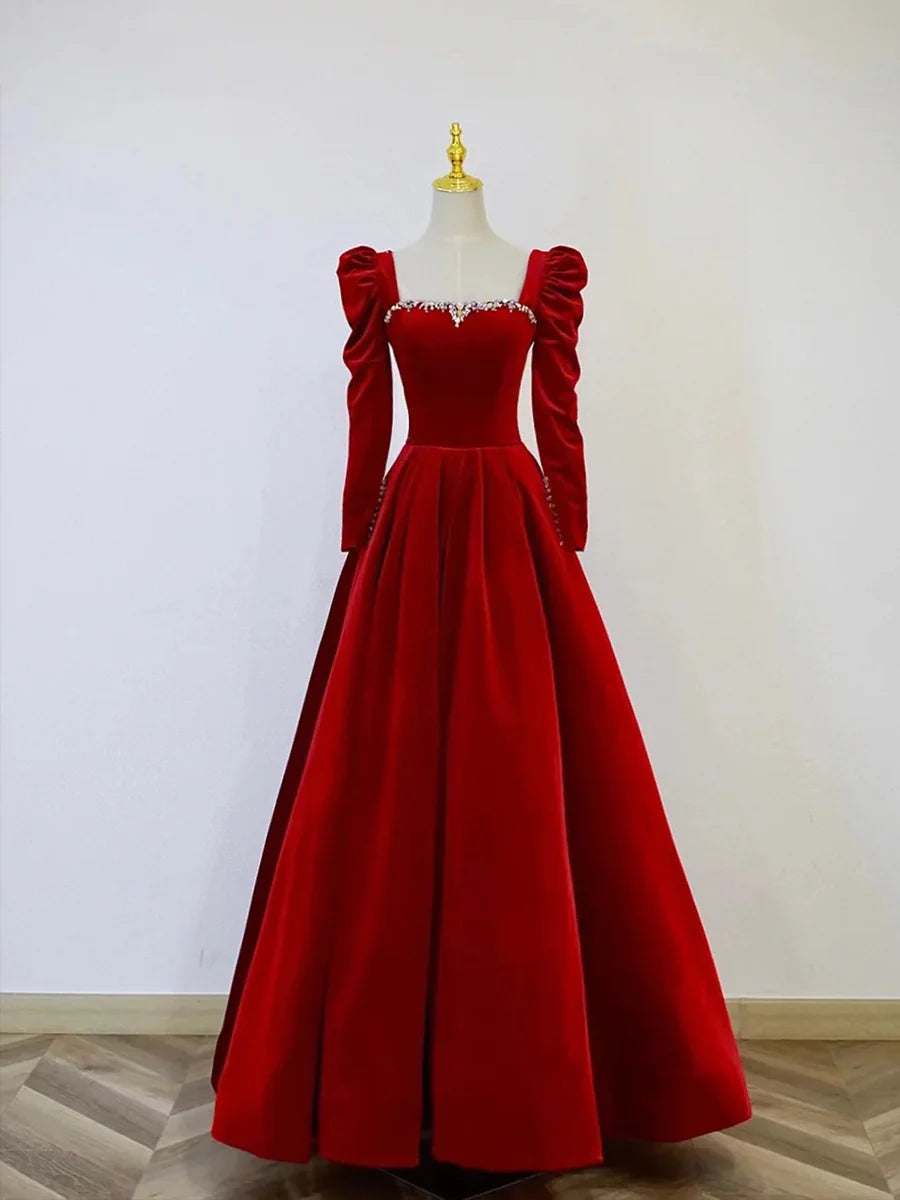 A-Line Wine Red Velvet Long Sleeve Floor Length Prom Dress Burgundy Formal Evening Dress With Rhinestones