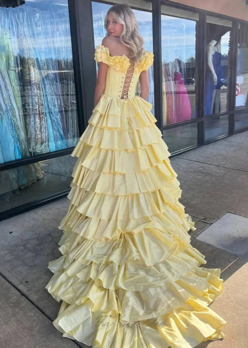A-Line Yellow Satin Off-Shoulder Ruched Layered Lace-Up Slit Long Prom Dress With Sweep-Train
